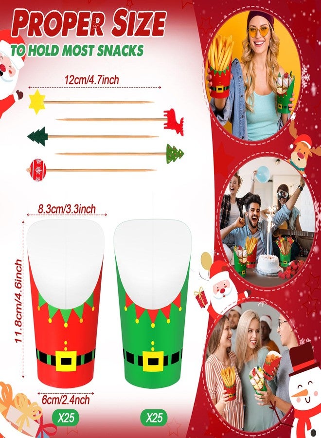 Jingmore 150 Pcs Christmas Charcuterie Cups Xmas Paper French Fries Holder with Xmas Fruit Cocktail Picks 14oz Disposable Party Snack Cups Appetizer Cups for Christmas Party(Elf) - Image 2